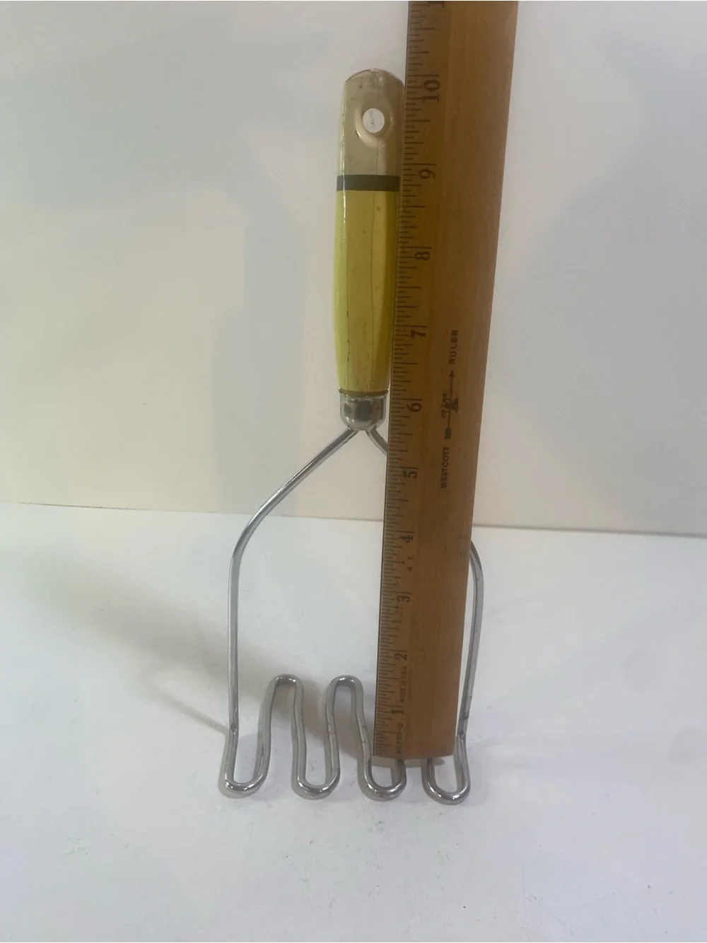 Vintage Wooden Yellow White Handle With Black Stripe Potato Masher